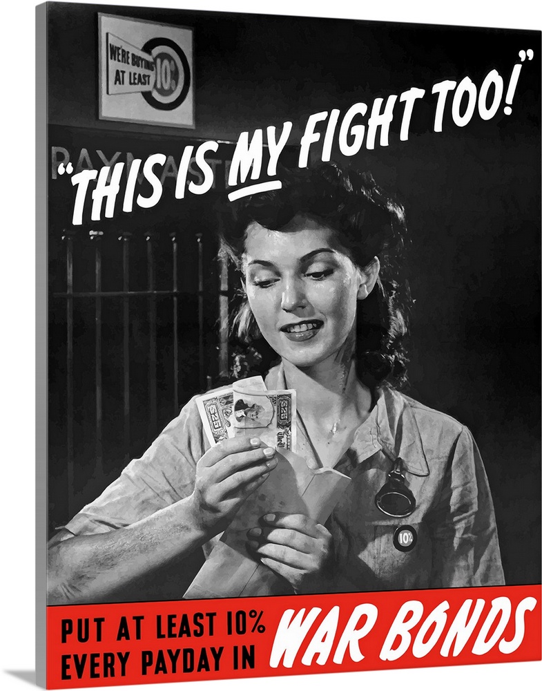 Digitally restored vector war propaganda poster. This vintage World War II poster features a female factory worker holding...