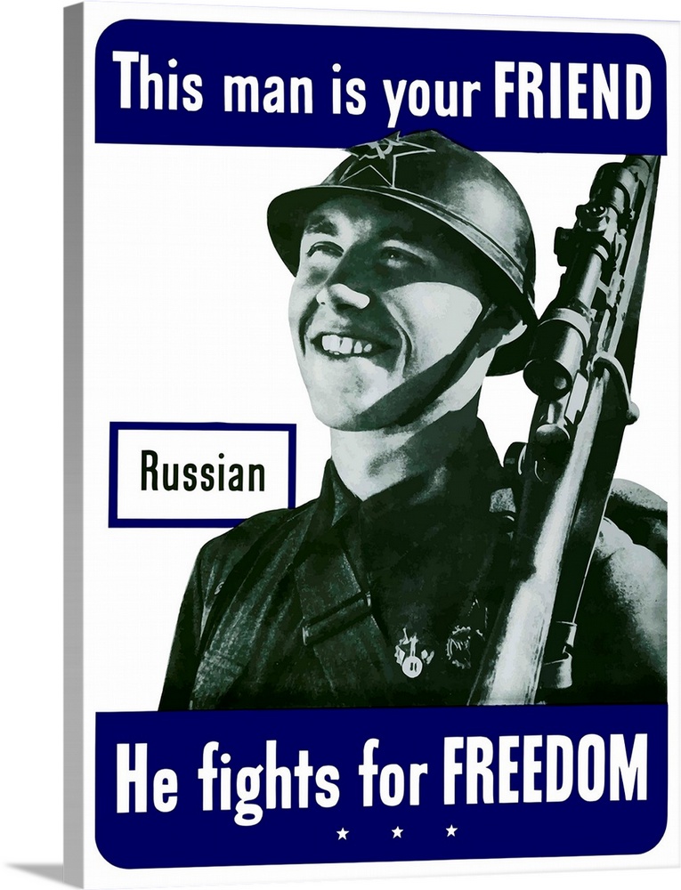 Digitally restored vector war propaganda poster. This vintage World War Two poster features a smiling Russian soldier. It ...
