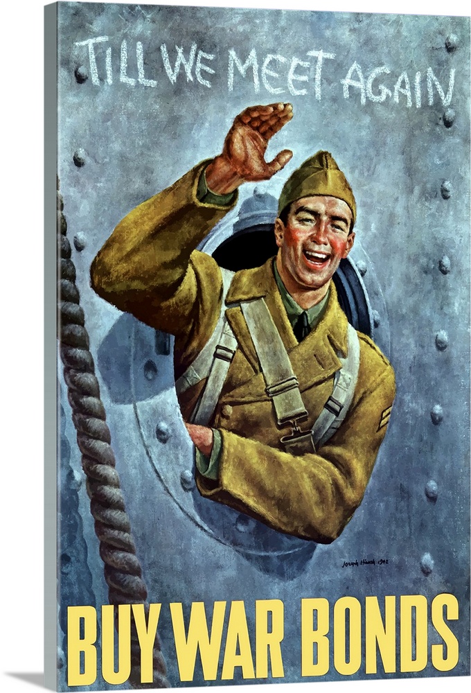 Digitally restored vector war propaganda poster. This vintage World War II poster features a smiling American soldier wavi...