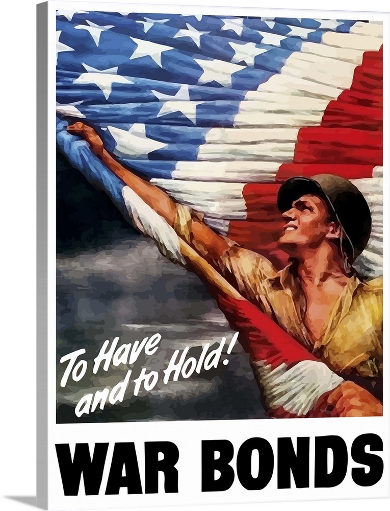 Digitally restored vector war propaganda poster. This vintage World War Two poster features an American G.I. waving a gian...