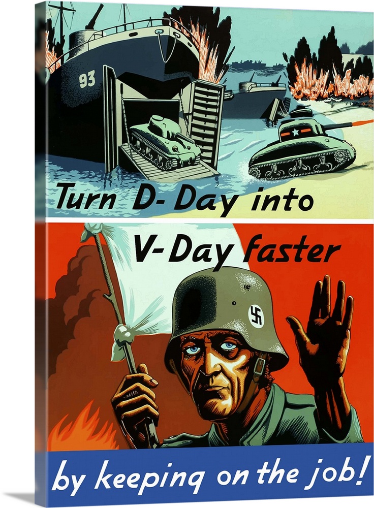 Digitally restored vector war propaganda poster. This vintage World War Two poster features a ship unloading tanks onto a ...