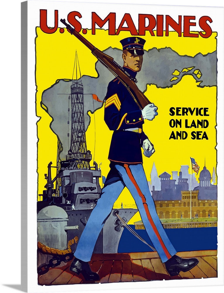 Large, vertical, vintage World War II poster featuring a US Marine marching along a dock with his rifle; a battleship is d...
