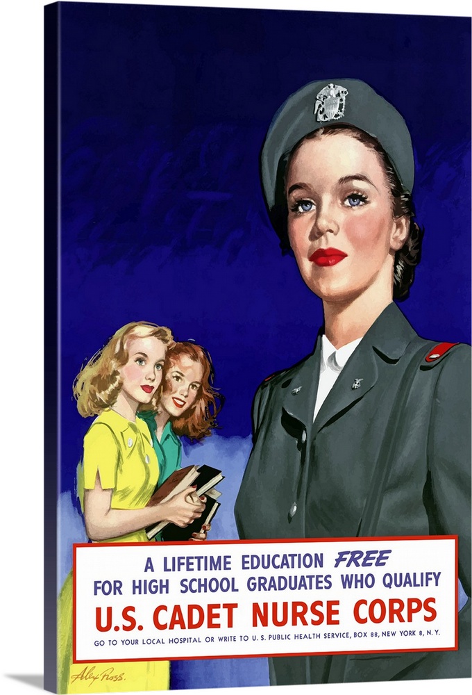 Digitally restored vector war propaganda poster. This vintage World War II poster features two schoolgirls staring in awe ...