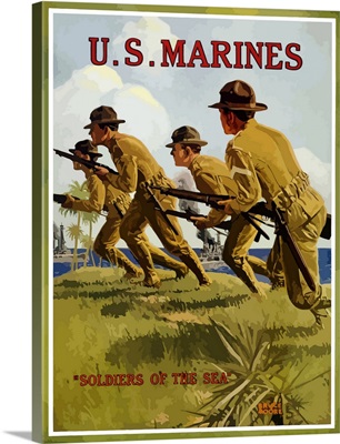 Digitally restored vector war propaganda poster. US Marines, Soldiers Of The Sea
