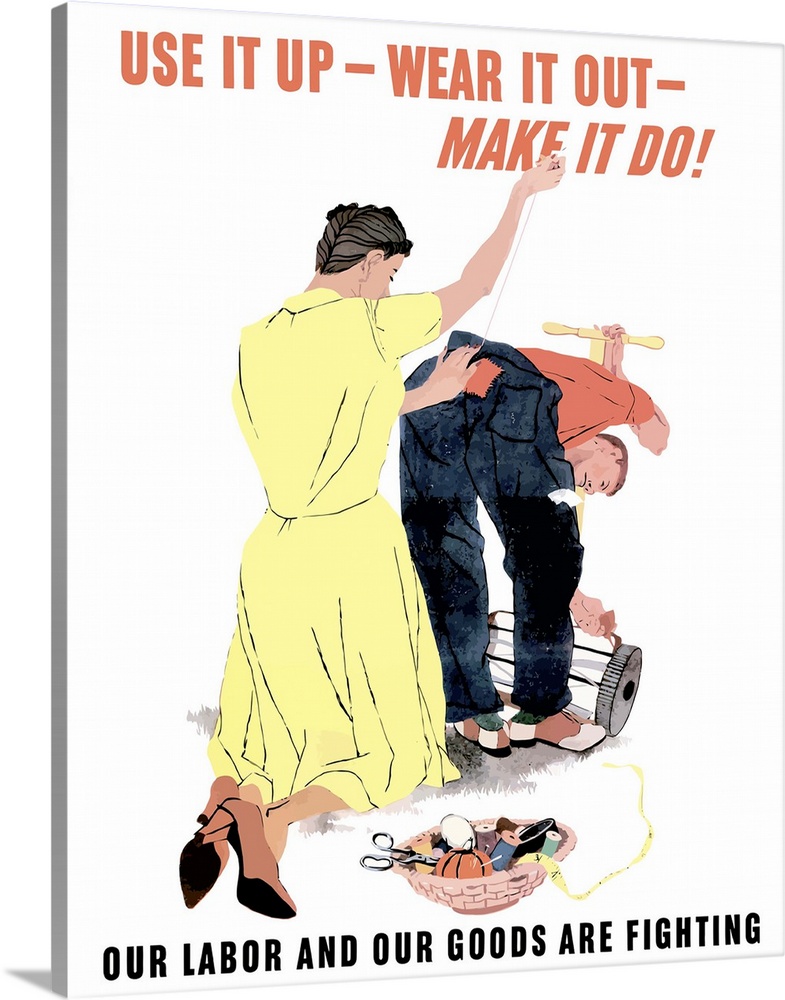 Digitally restored vector war propaganda poster. This vintage World War Two poster features a woman repairing her husbands...