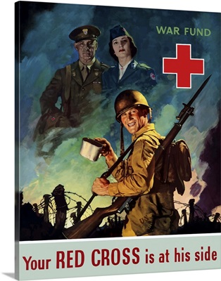 Digitally restored vector war propaganda poster. Your Red Cross Is At His Side