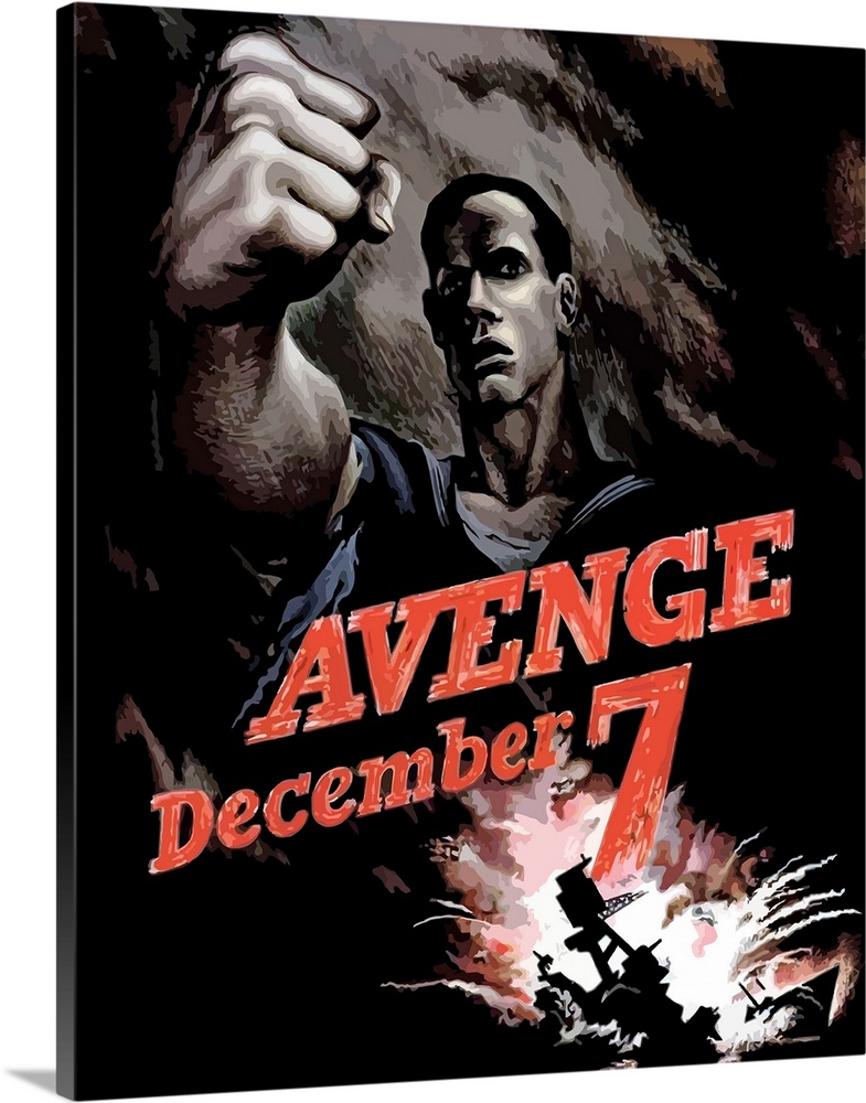 Digitally restored, vector, World War II propaganda poster declaring Avenge December 7th.