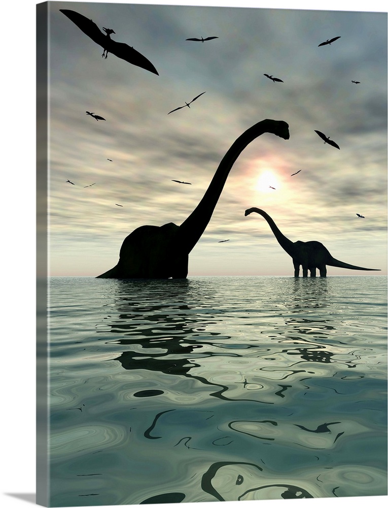 Giant sauropod Diplodocus dinosaurs relax at the end of a long hot day by bathing in the nearest body of water.