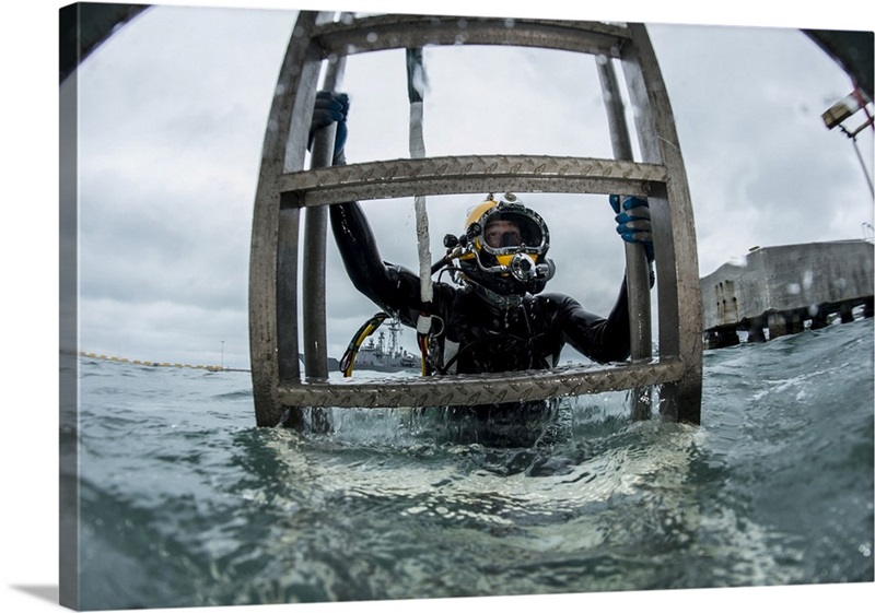 Diver Ascends A Ladder After Completing A Surface Supplied Dive Great