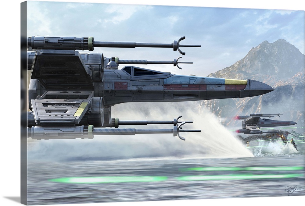 Side view of an X-Wing ship flying low over water.