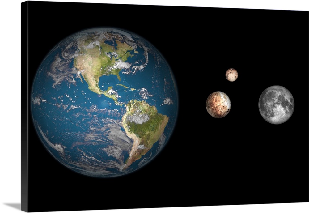 Artist's concept of the Earth, Pluto, Charon, and Earth's moon to scale.