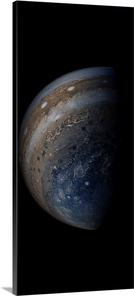 Enhanced color view of planet Jupiter's stormy atmosphere.