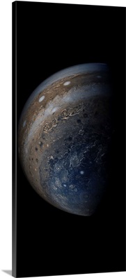 Enhanced color view of planet Jupiter's stormy atmosphere