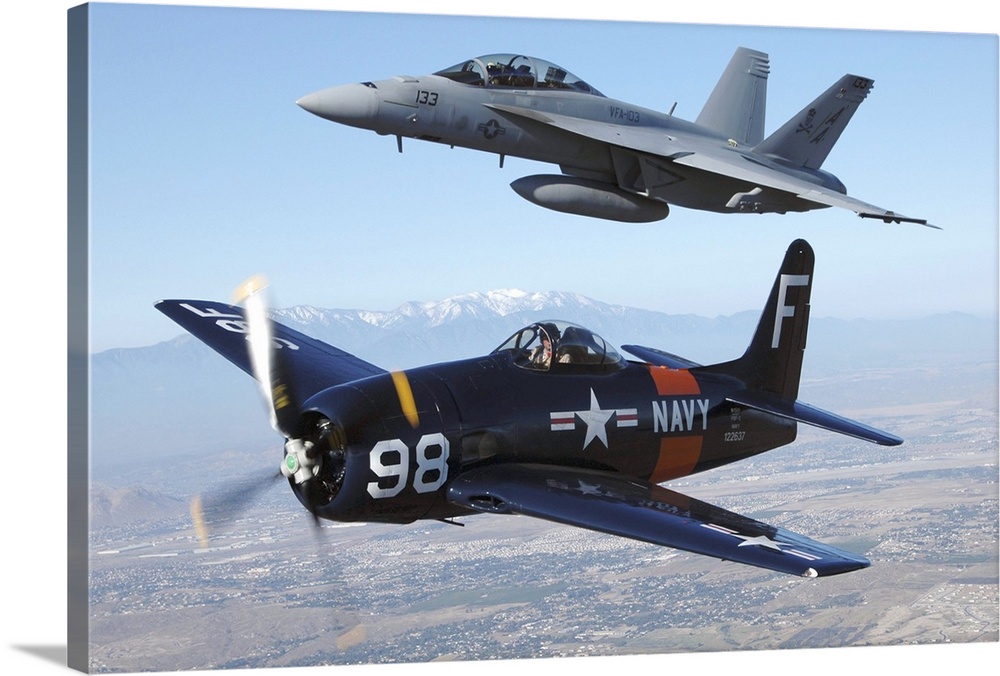 F/A-18 Hornet and F8F Bearcat flying over Chino, California.