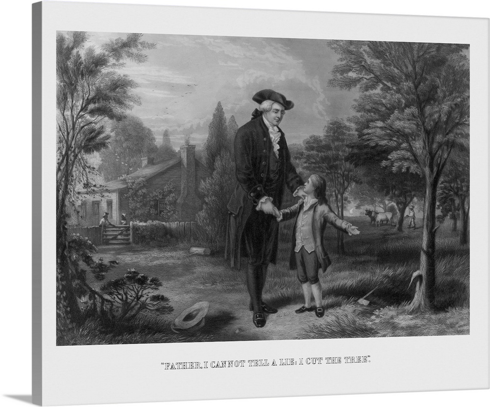 Print depicting the famous story of George Washington confessing to his father that he cut the cherry tree.