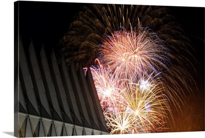 Fireworks explode over the Air Force Academy Cadet Chapel