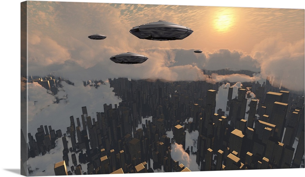 Flying saucers over futuristic megapolis with sunset.