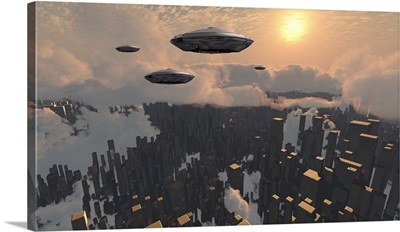 Flying Saucers Over Futuristic Megapolis With Sunset