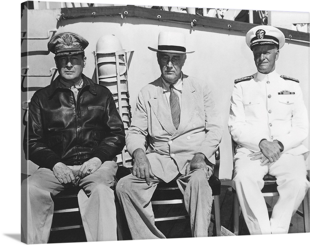 Franklin D. Roosevelt, General Douglas MacArthur and Admiral Nimitz gathering at Pearl Harbor, Hawaii, 1944.