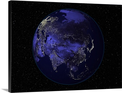 Full Earth at night showing city lights centered on Asia