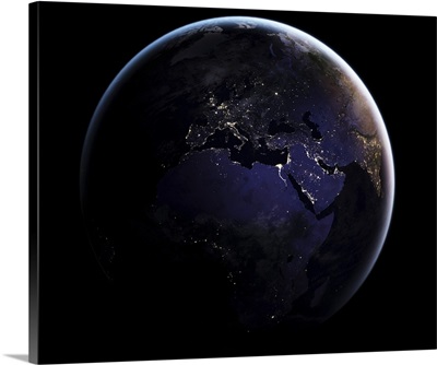 Full Earth showing city lights of Europe at night