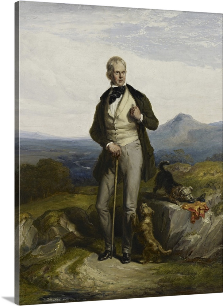 Full length oil painting of Sir Walter Scott with two terriers at his feet.