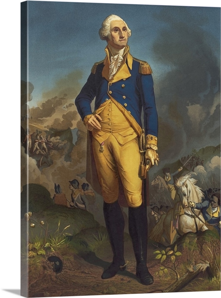 Full length print of General George Washington with a war scene in the background.