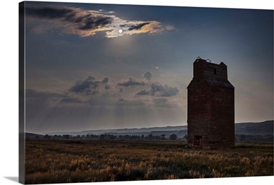 Full Moon, Mars Rising Over An Abandoned Grain Elevator, Red Deer River Valley, Canada