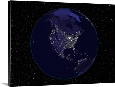 Fully dark city lights image of Earth centered on North America