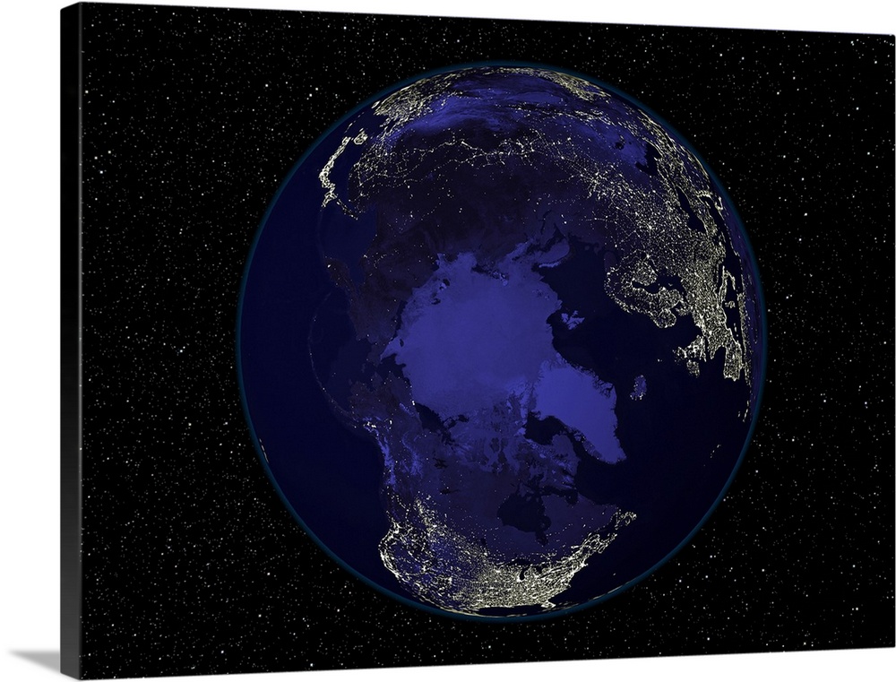 Fully dark city lights image of Earth centered on the North Pole