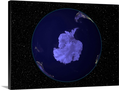 Fully dark city lights image of Earth centered on the South Pole