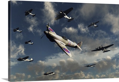German Heinkel He 111 bombers under attack from Royal Air Force Spitfires