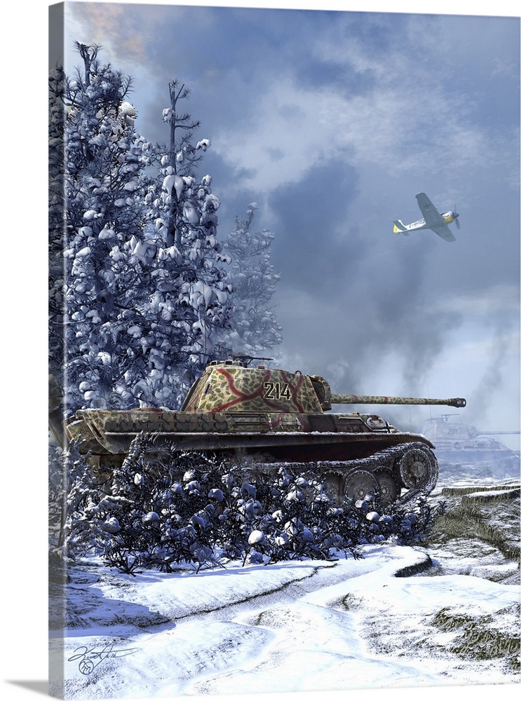 German Panther tank with an FW-190 aircraft flying overhead.