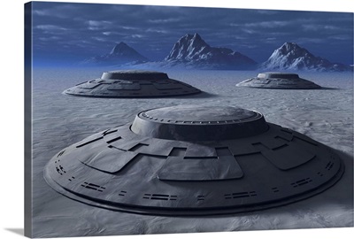 Giant alien flying saucers said to have been found on the ground in Antarctica.