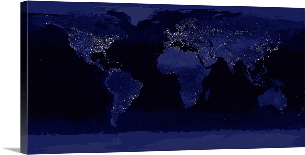 A large photograph of the world taken at night showcasing city lights.