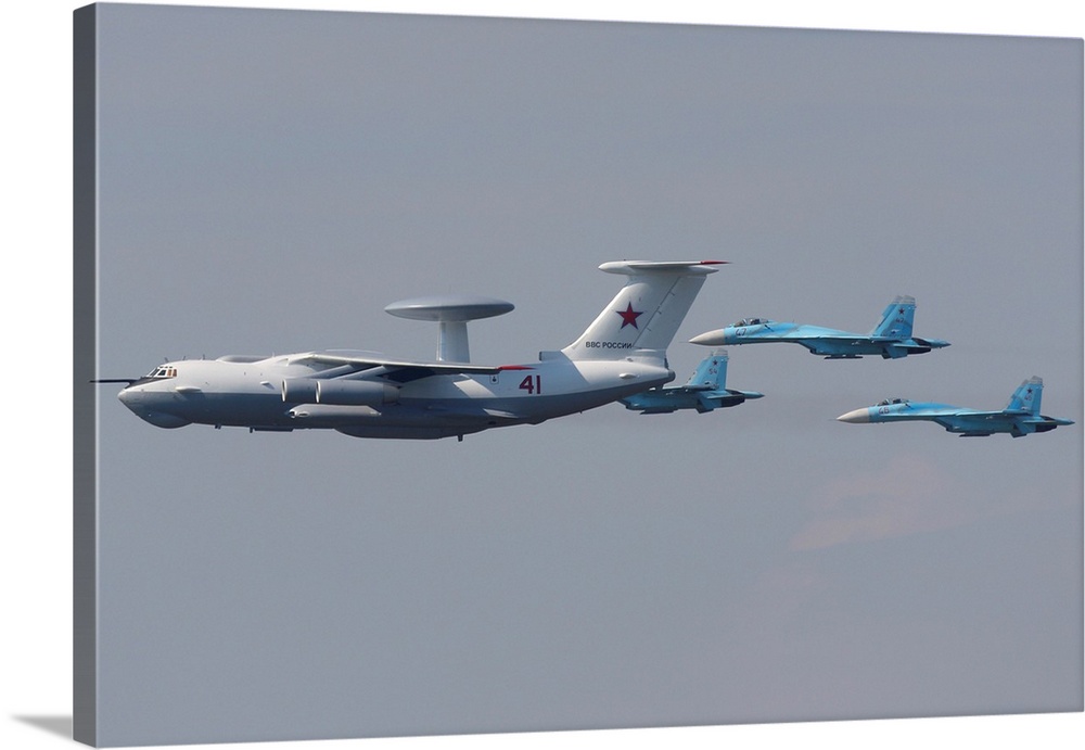 Group of an A-50 AWACS airplane and Su-27 jet fighters of Russian Air Force.