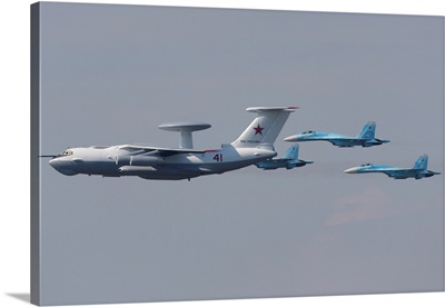 Group Of An A-50 AWACS Airplane And Su-27 Jet Fighters Of Russian Air Force