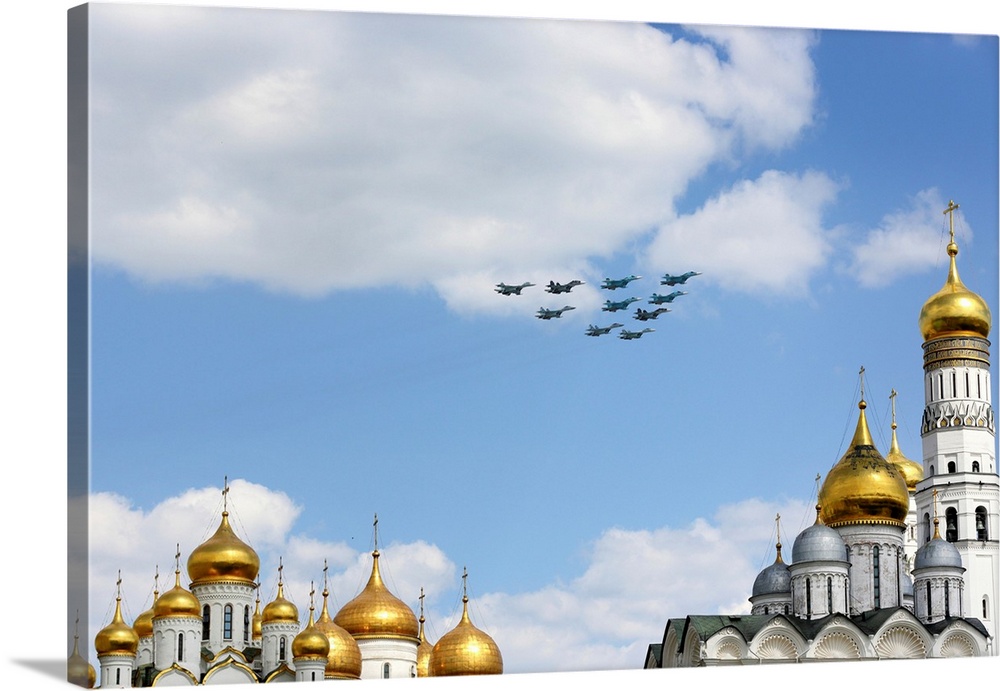 Group of Russian Air Force  jet fighters fly over Red Square, Moscow, Russia.