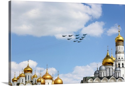 Group Of Russian Air Force  Jet Fighters Fly Over Red Square, Moscow, Russia