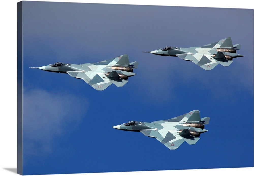 Group of T-50 PAK-FA fifth generation jet fighters of Russian Air Force.