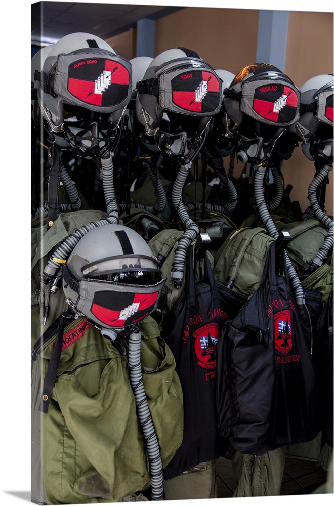 Helmets and flight gear of Hellenic Air Force pilots.