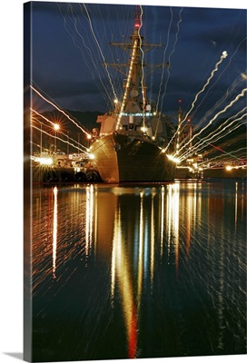 Holiday lights shine from guidedmissile destroyer USS Russell