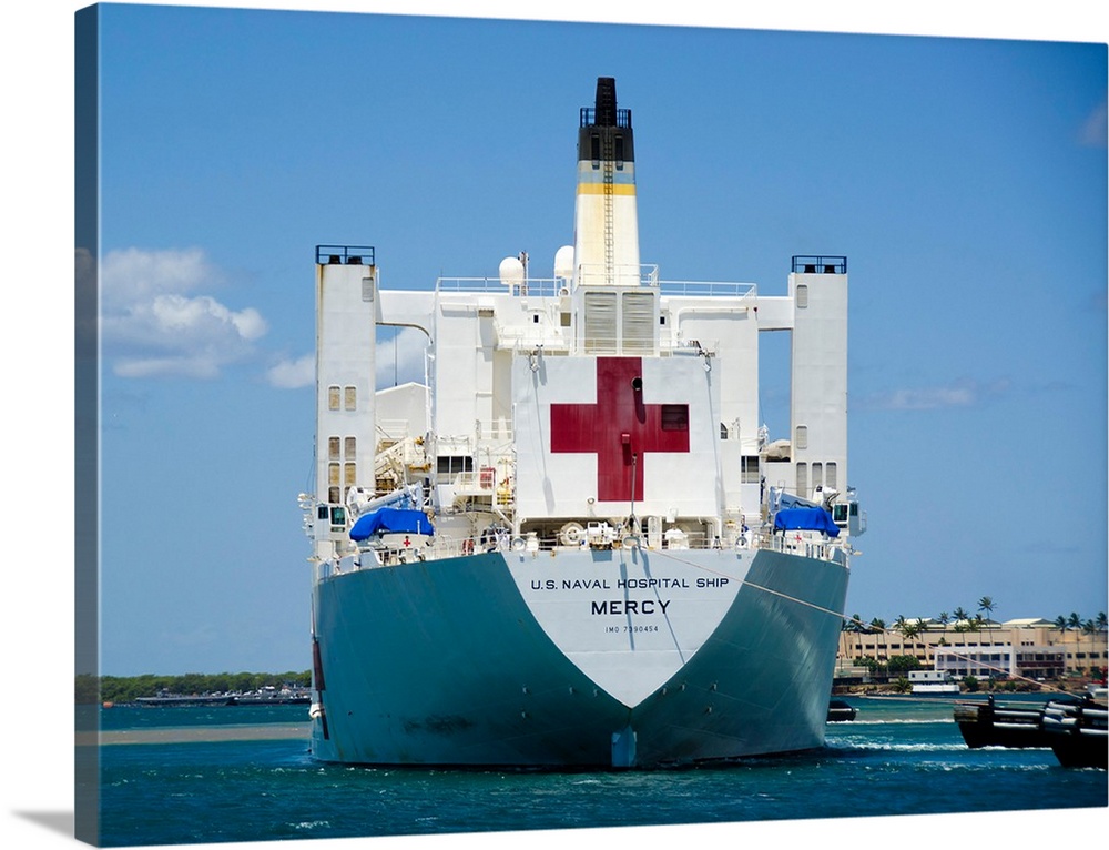 Hospital ship USNS Mercy at Joint Base Pearl Harbor-Hickam in Hawaii.