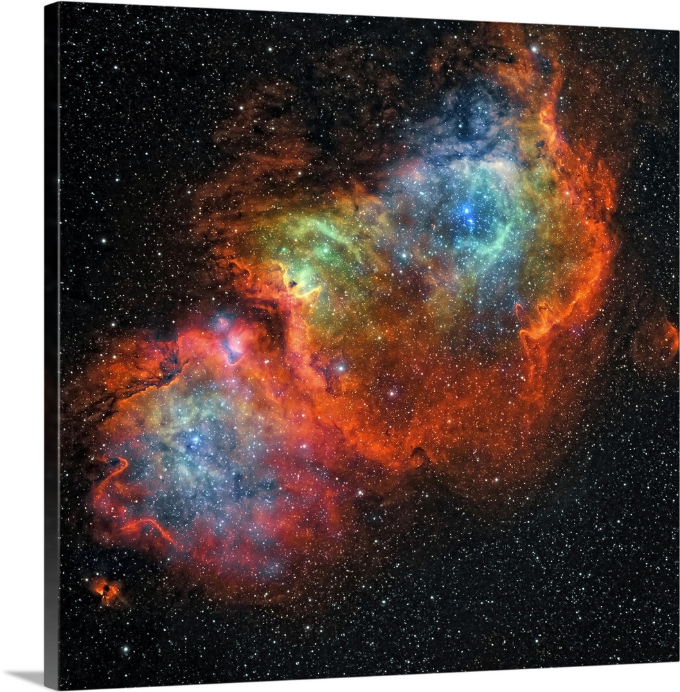 Square, large wall hanging of the colorful Soul Nebula, surrounded by darkness and many stars.