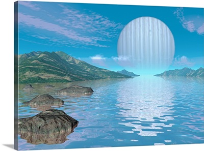 Illustration of a hypothetical idyllic landscape on a distant alien planet