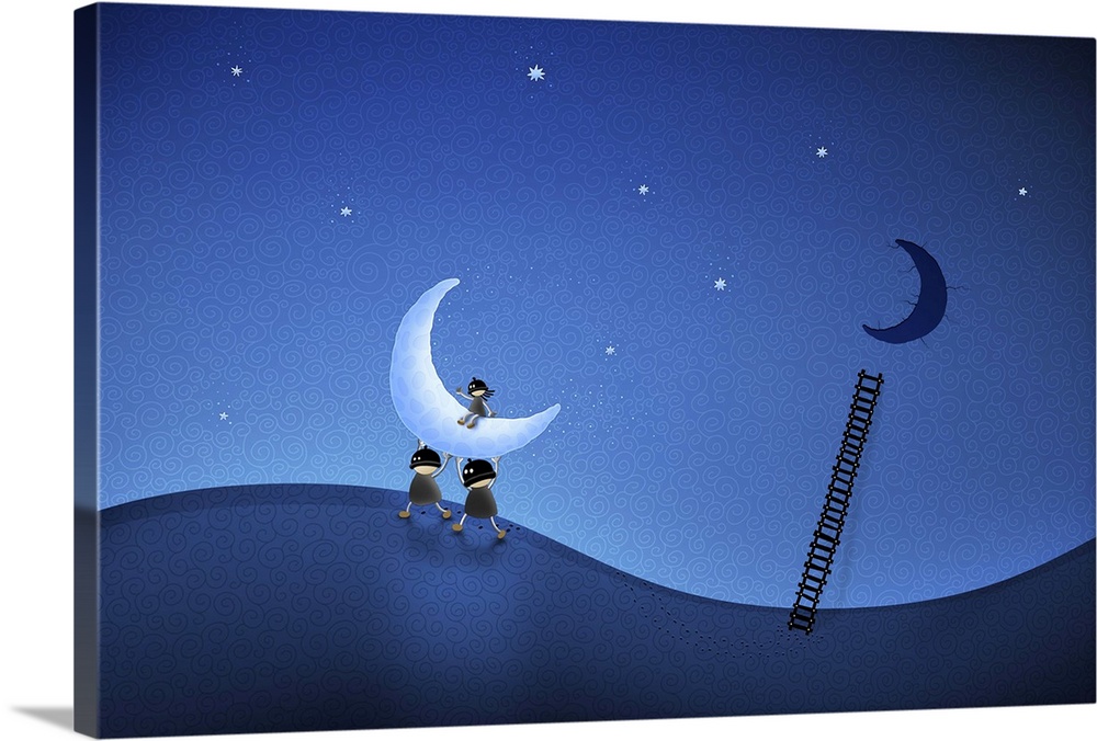 Illustration of cartoon characters stealing the moon.