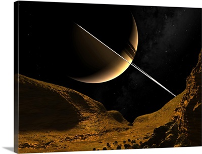 Illustration of Saturn from the icy surface of Enceladus