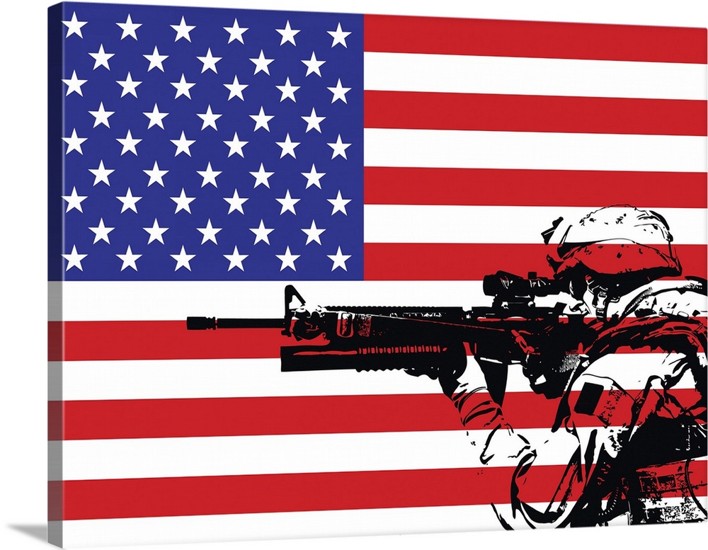 Illustration of U.S. Marine in front of the USA flag.