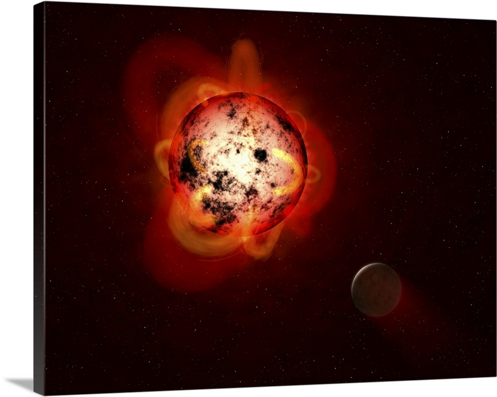 This illustration shows a red dwarf star orbited by a hypothetical exoplanet.