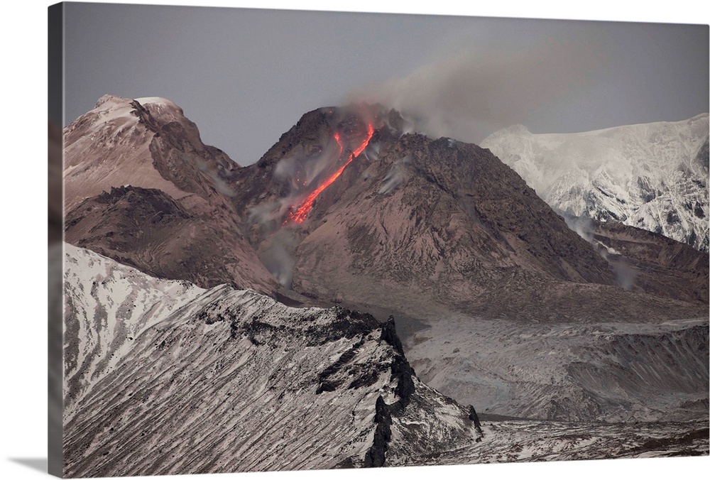 Incandescent rockfall of glowing lava down flank of Shiveluch Volcano.